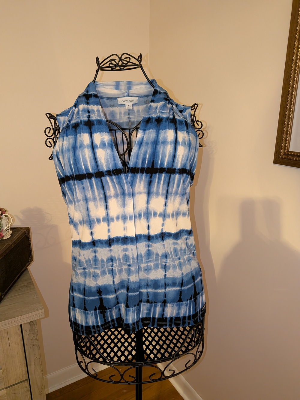 Calvin Klein Blue and White Tie-Dye Sleeveless V-Neck Tunic